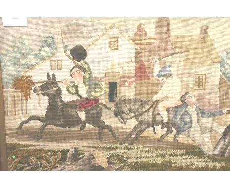 19th century framed wool tapestry of figures and donkey, 75 x 60 cm. Not available for in-house P&amp;P, contact Paul O'Hea a