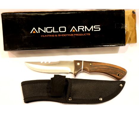 Anglo Arms canvas sheathed wooden handle hunting knife, blade L: 12 cm. P&amp;P Group 2 (£18+VAT for the first lot and £3+VAT