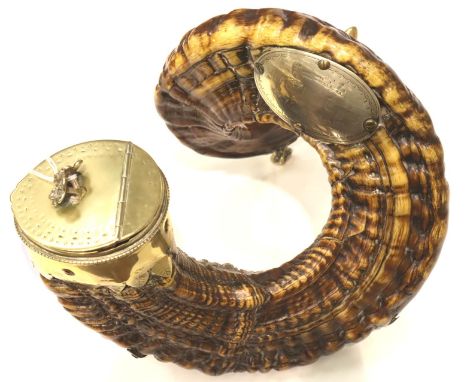 Large rams horn and silver plate table snuff raised on ball and claw feet with 1874 inscription. P&amp;P Group 3 (£25+VAT for