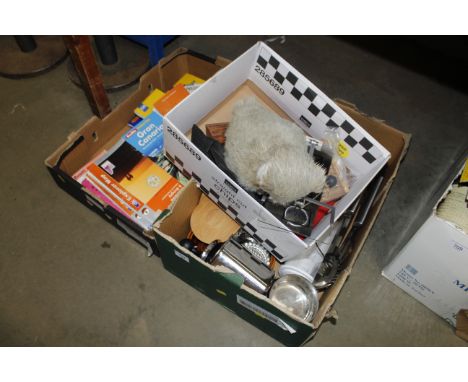 Three boxes containing kitchenalia, Ordnance Survey maps, model owl etc.