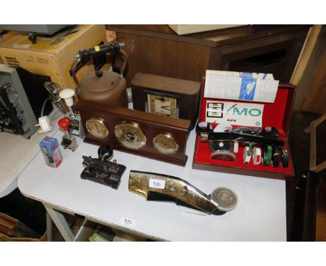 A Dymo set in box, hole punch, modern barometer, copper kettle etc.