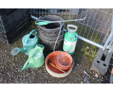 Two plastic watering cans, a quantity of plastic buckets with swing handles, a Hozelock 5lt manual spray bottle, plant pot tr