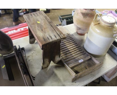 A wooden washboard and a wooden stool