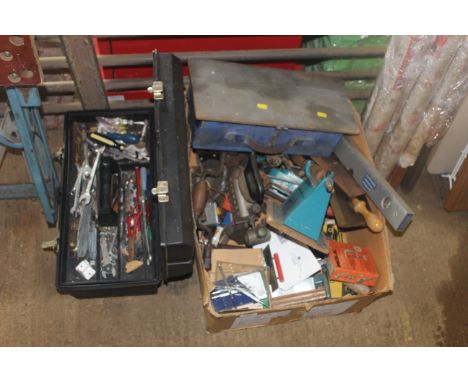 A plastic tool box and contents of tools and a further box of various tools to include hand brace, screw drivers, spirit leve