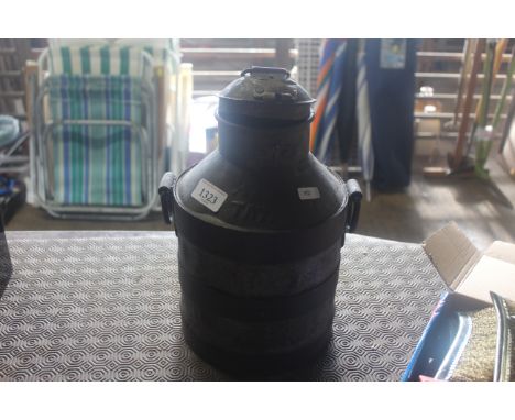 A small metal bound milk churn with hinged lid and twin handles (152)