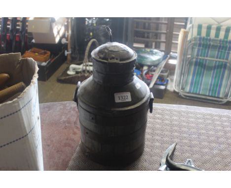 A small metal bound milk churn with hinged lid and twin handles (153)