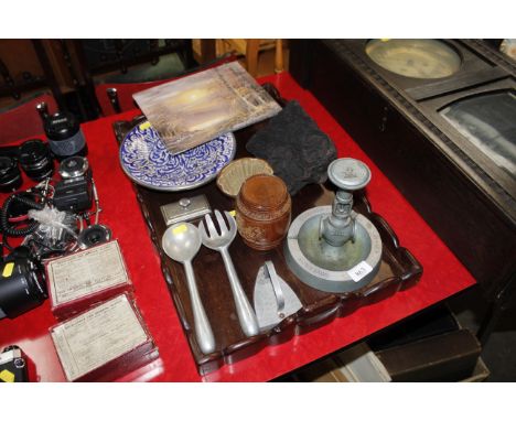 A Chinese hardwood tray, printing block, vintage ashtray etc