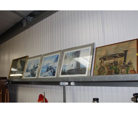 Three framed prints of steam engines pencil signed by Malcolm Root and a further picture of a steam engine