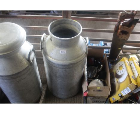 An aluminium twin handled milk churn lacking lid 