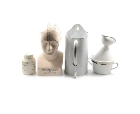 Reproduction Phrenology bust, 27cm, other pottery including a King George Hospital chamber pot, slipper bed pan, inhaler, jar