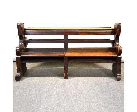 Victorian oak choir stall/ pew, with rear shelf, the scrolled ends carved with Gothic tracery panel and quatrefoil, length 18