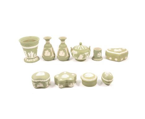 Small quantity of Wedgwood green jasperware, including a pair of vases, heart-shaped dish and cover, sugar bowl and cover, ot