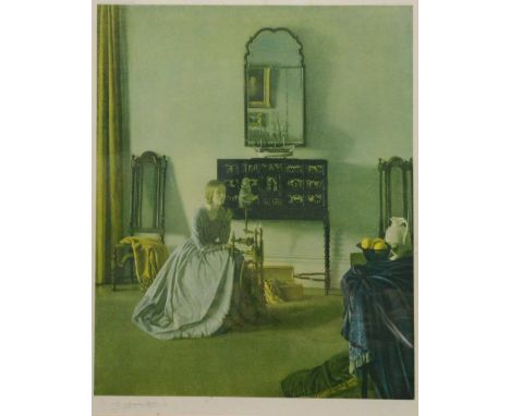 After Leonard Campbell Taylor,The Spinnging Wheel, colour print (faded), signed in pencil, image 58.5x47cm;together with thre