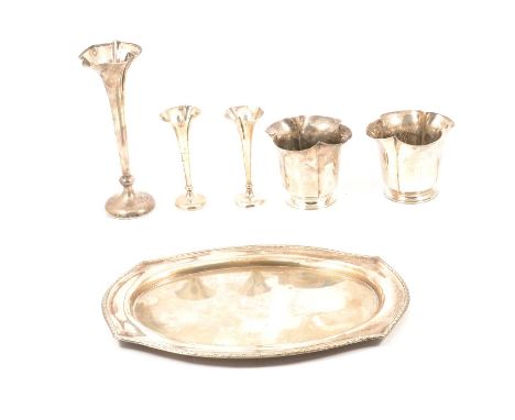 Three silver spill vases, one tall with pair of shorter vases, crimped rims, weighted bases; a similar pair of vases, Henry W