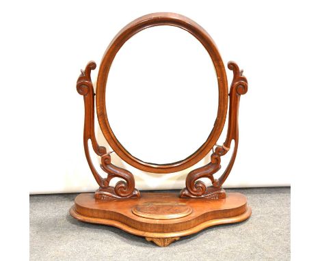 Victorian mahogany dressing table mirror, oval mirror plate, open scrolled supports on a shaped base with central trinket box