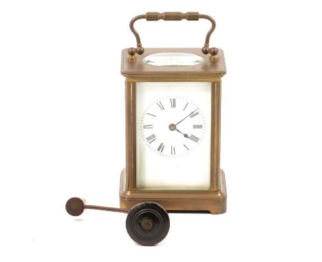 French brass-cased carriage clock, white enamelled dial, timepiece movement, 12cm.