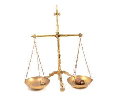 Set of brass banking beam scales, by Boyle &amp; Son, London, tripod base, 57cm.