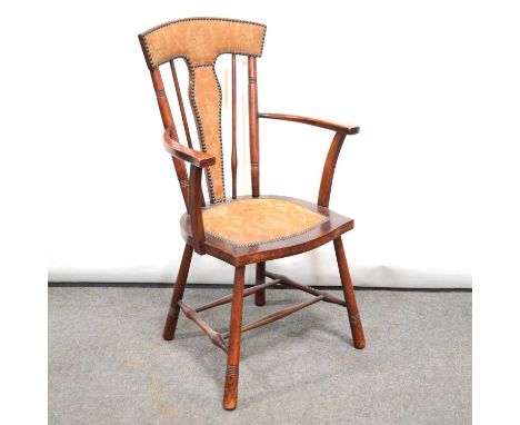 Edwardian stick back open arm chair, close studded upholstery to the back and seat, turned legs and rails, width 54cm, height