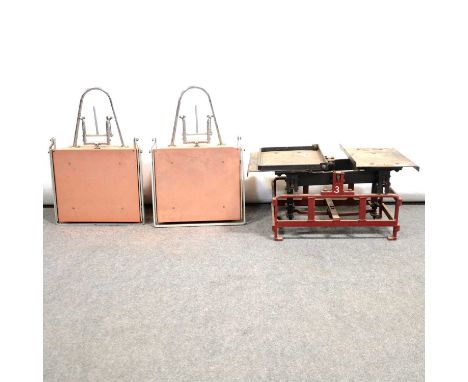 Large collection cast iron and other weights; five various platform scales.