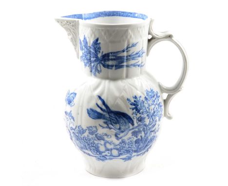 Caughley blue and white press-moulded cabbage-leaf mask jug, with a Parrot Pecking Fruit pattern, 24cm.Condition report:There