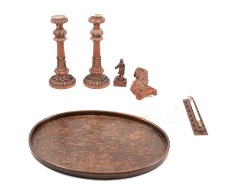 Thomas Birch of Leicester: a pair of carved wood candlesticks, 30cm; small carved oak figure, oak cased thermometer and a car