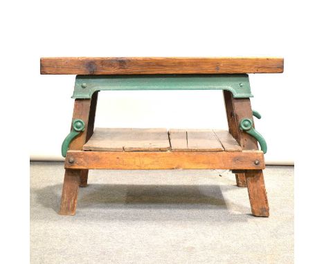 Victorian work bench, shelf joining the supports, iron mounted, length 103cm, width 58cm, height 68cm.Condition report:The sh