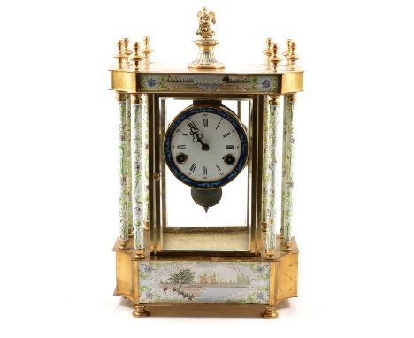 Continental four-glass mantel clock, brass casing with enamelled panels and columns, the case with angel surmount, circular e