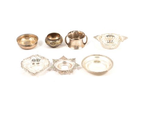 Silver; pin tray, Asprey &amp; Co. Ltd., Birmingham 1928, 8.5cm, three bonbon dishes, ladle bowl and a metal salt, 3.25oz gro