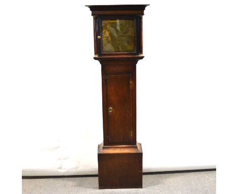 Oak longcase clock, the hood with cavetto cornice, turned columns, trunk with log door, box base lacking plinth, twelve inch 