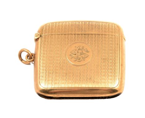 9ct gold vesta case, B&amp;S, Birmingham 1928, square slightly curved form, engine turned decorated and engraved monogram, 4.