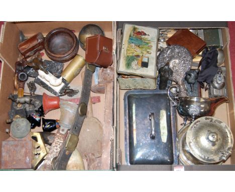 Two boxes of miscellaneous items, to include entrée dish and cover, silver plated biscuit barrel, hand mirror etc