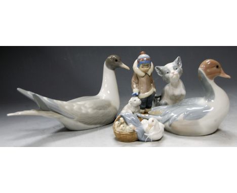 Five various Lladro porcelain ornaments, to include duck with ducklings, cat etc
