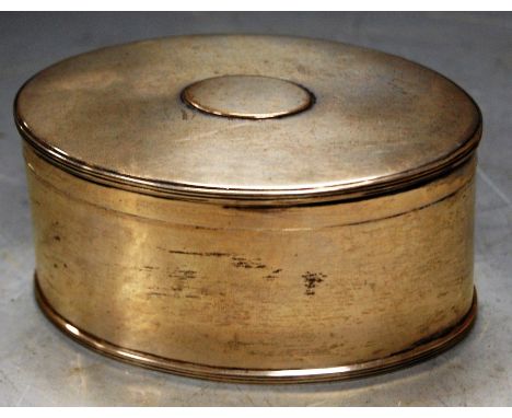 A George V silver tea canister, of undecorated oval form, maker Thomas Bradbury &amp; Sons, 6.4oz, Sheffield 1912, w.11cm