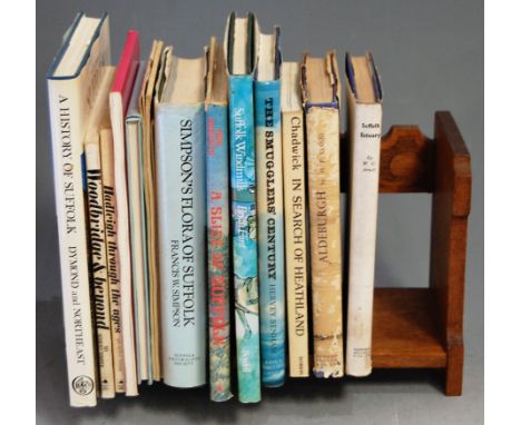 An early 20th century oak book trough, having pokerwork decoration; together with a small collection of assorted Suffolk rela
