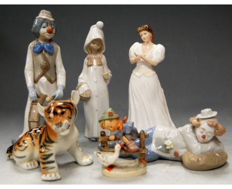 A Lladro figure, Nadal figure, Cascades figure, Doulton figurine of Maria HN3381, Hummel figure, and a Lomonosov tiger orname