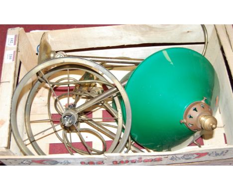 A pair of Christopher Wray lacquered brass adjustable wall light fittings, each having conical green glass shades