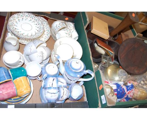 Three boxes of miscellaneous items, to include part Victorian tea service, Wedgwood blue jasper ware vase, cut glass bowl etc