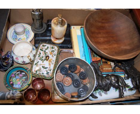 A box of miscellaneous items to include cloisonne ashtray, onyx table cigarette lighter, Poole pottery egg cup etc