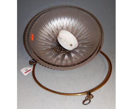 A "Holophane" glass ceiling light fitting in brass mount, stamped 'Patented 1909 No.20222', dia.28cm