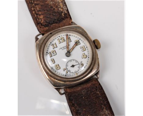 A vintage gentleman's wristwatch by JW Benson , London, the white enamel dial with Arabic numerals, seconds markers and subsi