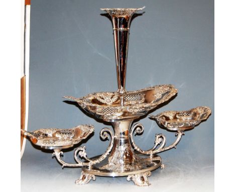 A large Mappin &amp; Webb Princes Plate table centrepiece, having central pierced vase above pierced basket and two further s