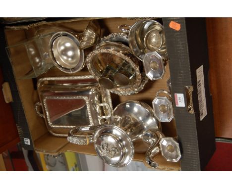 A box of assorted plated wares, to include entrée dish, coasters, three-light candelabrum etc