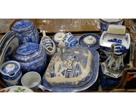 A box containing a quantity of mixed make blue and white china, to include a Ringtons by Wade Ceramics tea caddy etc