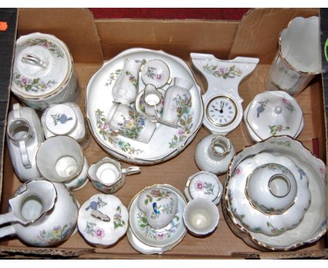 A box of miscellaneous Aynsley china wares to include Wild Tudor vase, mantel clock etc