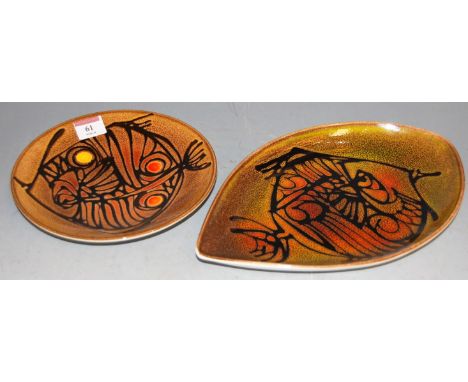A Poole Pottery Aegean pattern dish, having printed Poole England dolphin mark verso and numbered 91, w.31cm; together with o