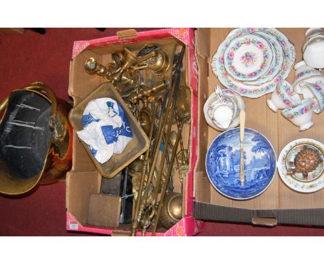 A box of miscellaneous metalware, to include brass helmet shaped coal scuttle, turned brass fire tools, candlesticks etc