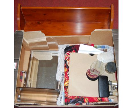 A collection of miscellaneous items to include yew wood book trough, mirror, pair of opera glasses, etc