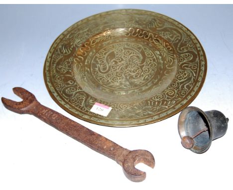 A GER wrought iron spanner; together with a small iron bell and brass tray (3)