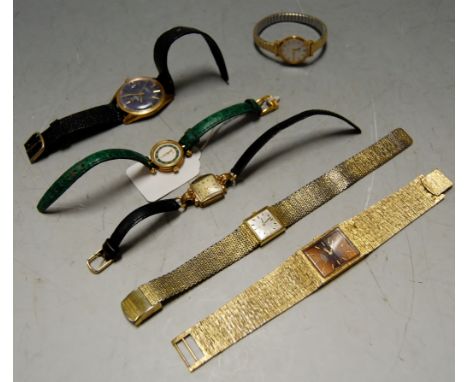 A ladies gilt metal cased and steel backed Rotary wrist watch having enamel dial, baton markers and quartz movement on textur