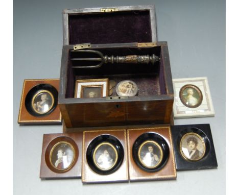 A Victorian rosewood and satinwood crossbanded unfitted box and contents, to include reproduction portrait miniatures, pre-de